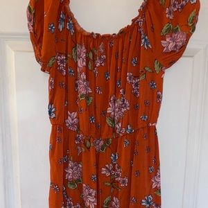 High-low orange floral maxi-dress with off the shoulder sleeves